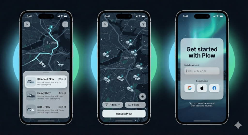 Plow customer experience mockup — map + packages + sign in