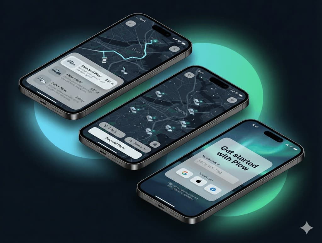 Plow customer experience mockup — 3D phone stack